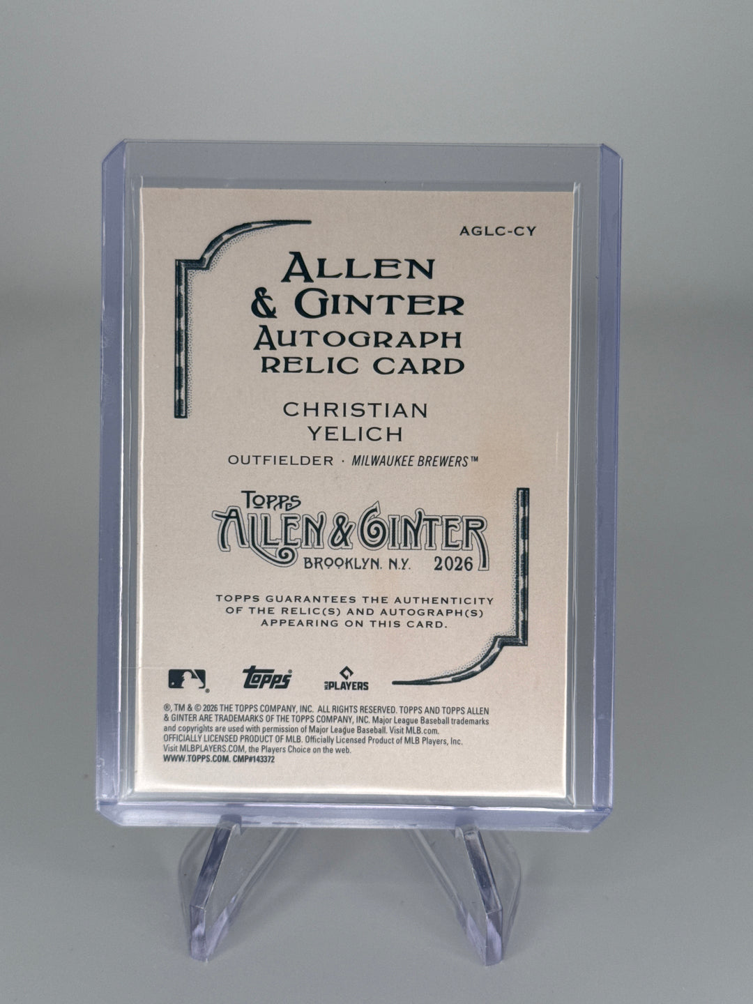 Christian Yelich 2026 Topps Allen & Ginter Auto Relic, 15/50