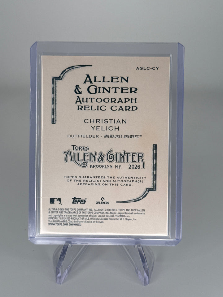 Christian Yelich 2026 Topps Allen & Ginter Auto Relic, 15/50