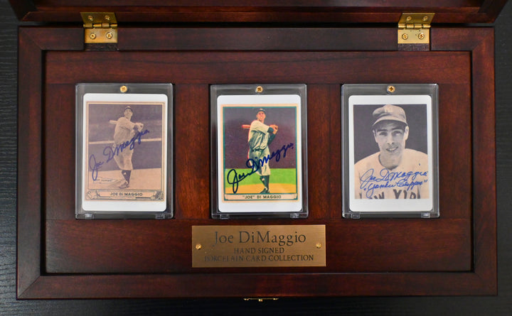 Joe DiMaggio Hand Signed Porcelain Cards and Display
