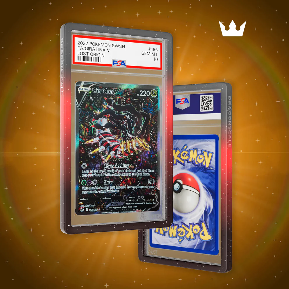 Two framed Pokémon trading cards on a glowing orange background