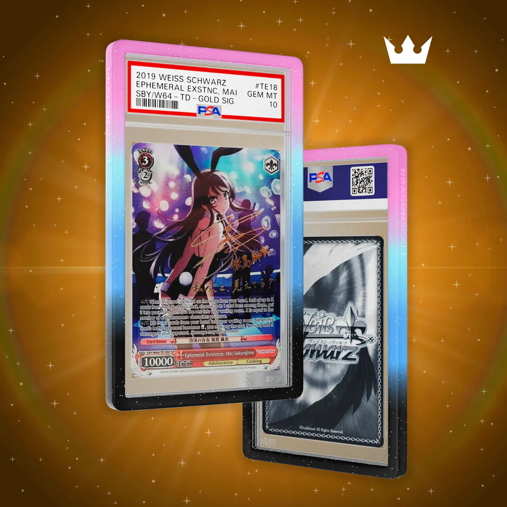 Trading cards in protective cases on a gradient pink, blue, and black border