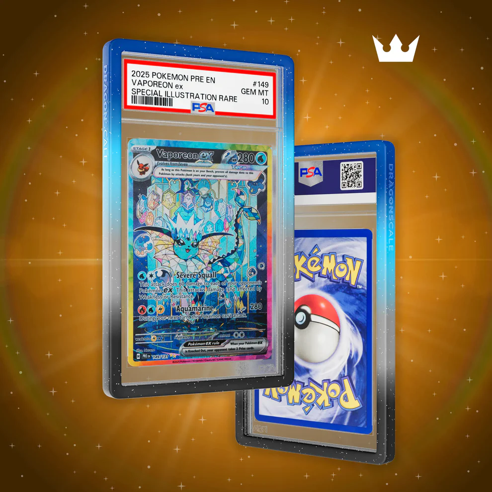 Two Pokémon trading cards in protective cases on a glowing orange background