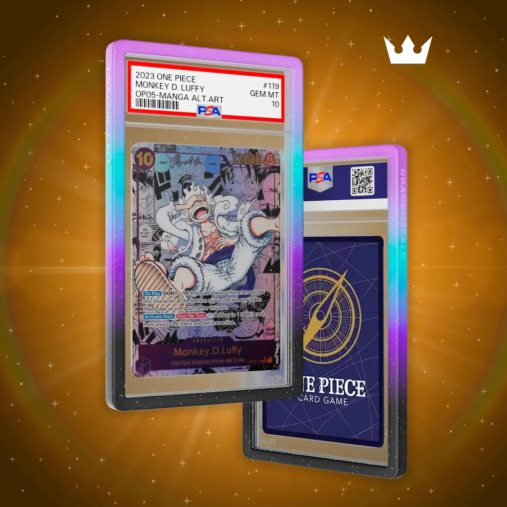 Trading cards in display case with a gradient pink, blue, purple, and black border.