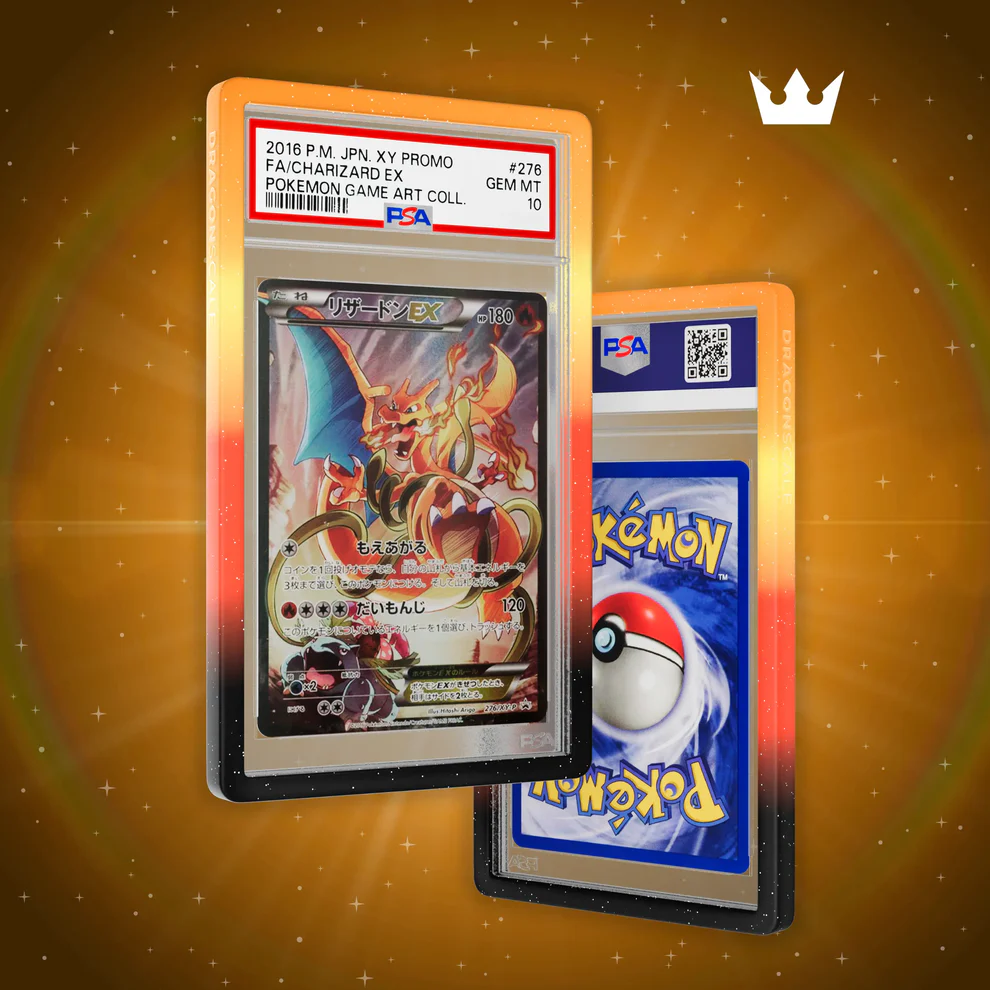 Two trading cards in display cases on a glowing orange background