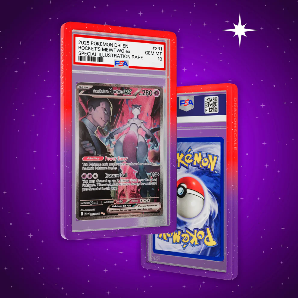 Two Pokémon trading cards in protective cases on a purple background with star patterns.