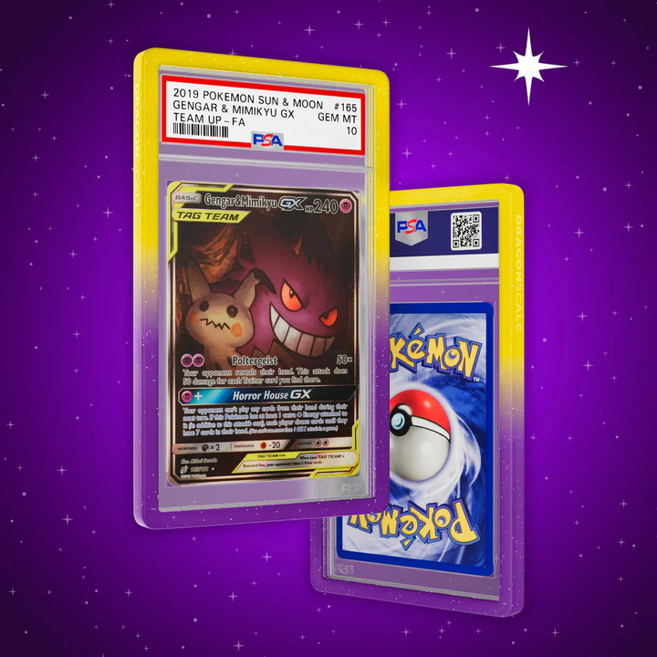 Two Pokémon trading cards in protective sleeves on a purple background with star patterns.