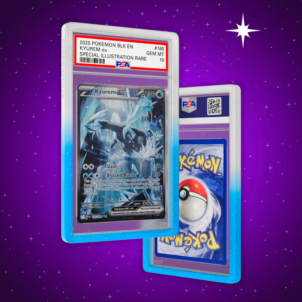 Pokémon trading card in protective case on a purple background