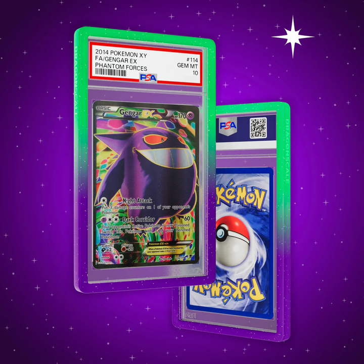 Two Pokémon trading cards in green PSA protective cases on a purple background with star patterns.