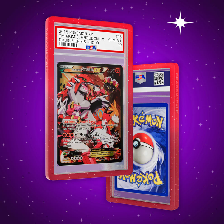 Two Pokémon trading cards in red protective cases on a purple background with star patterns.
