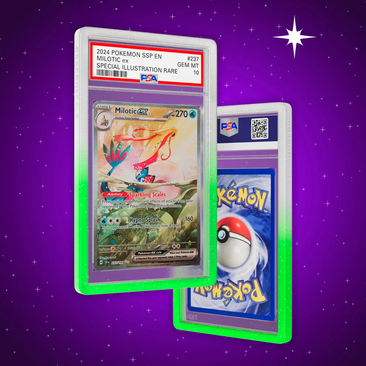 Two framed Pokémon trading cards on a purple background with star patterns