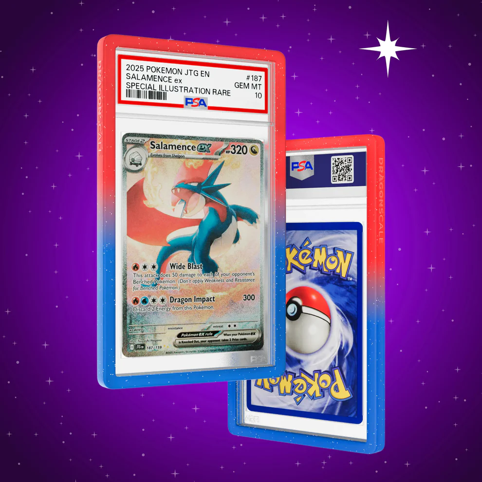 Pokémon trading card with PSA grading sleeve on a purple background