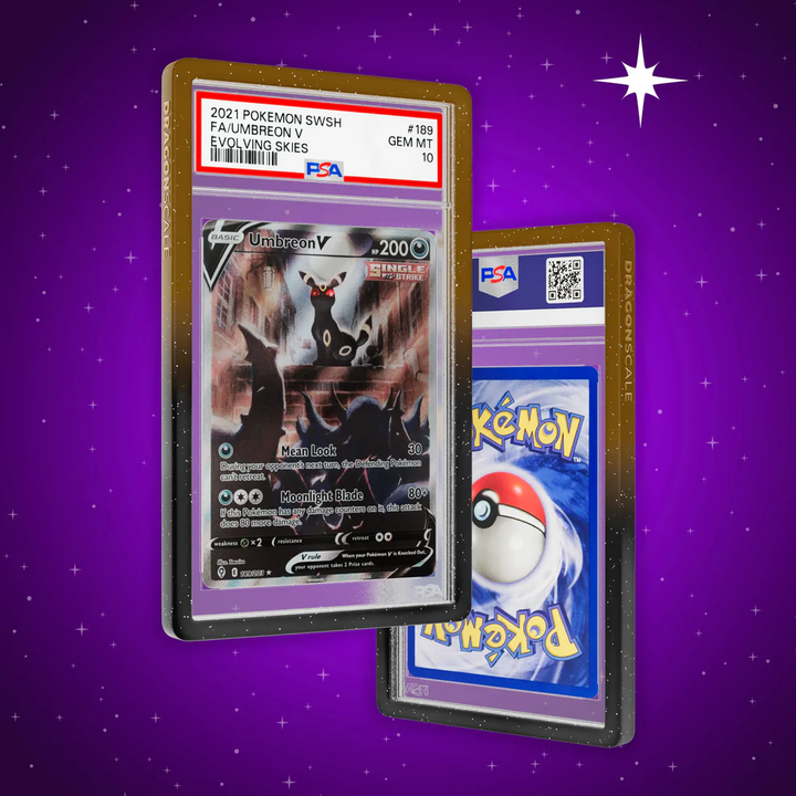 Pokémon trading card with PSA grading sleeve on a purple background