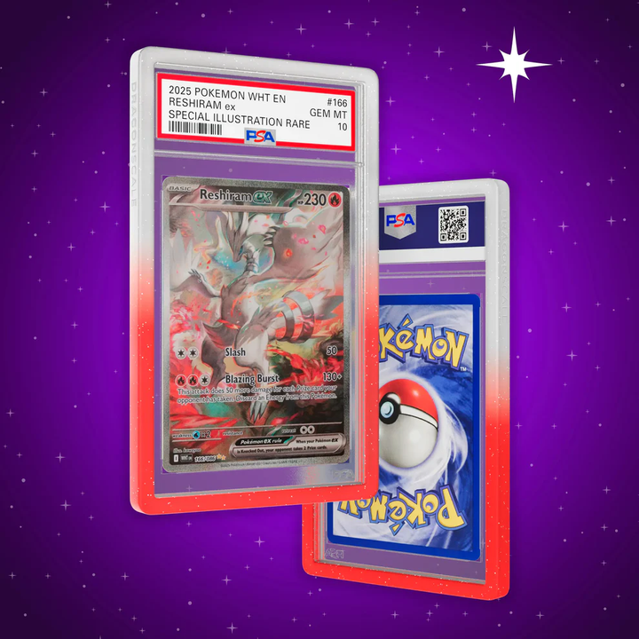 Pokémon trading card in a PSA holder on a purple background