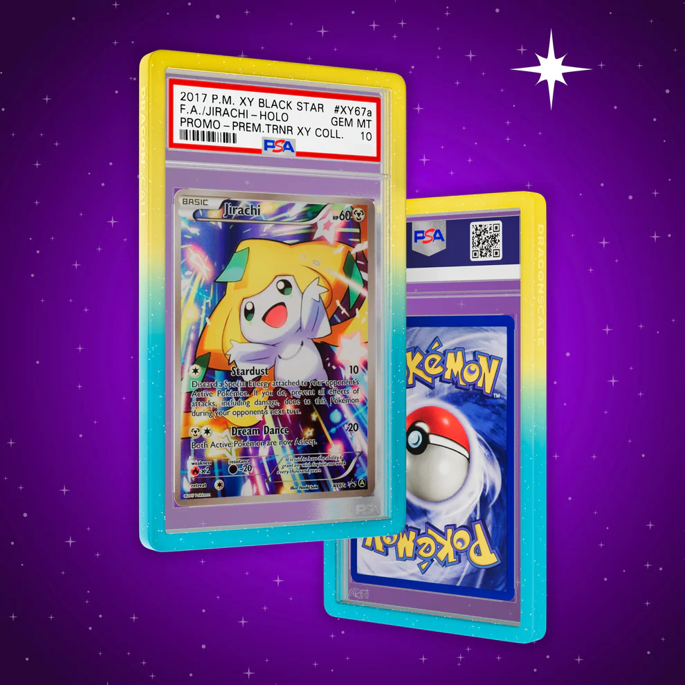Two Pokémon trading cards in protective cases on a purple background with star patterns.