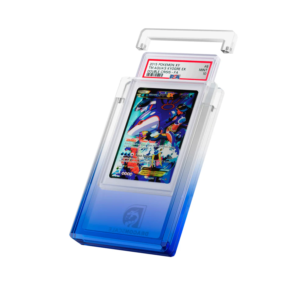 Trading card in a blue protective case on a white background