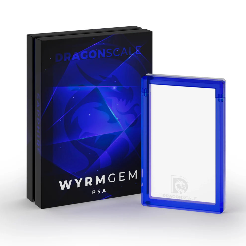 Wyrmgem PSA dark blue card holder and Dragonscale product packaging on a white background