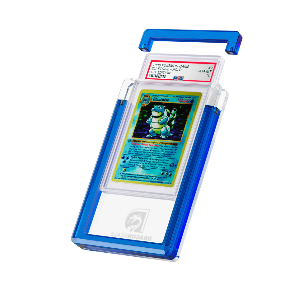 Pokémon trading card in a blue holder on a white background