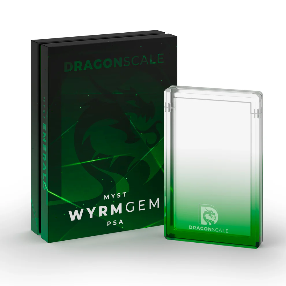 Green and black box titled 'Myst Wyrmgem PSA' with a green gradient card case on a white background