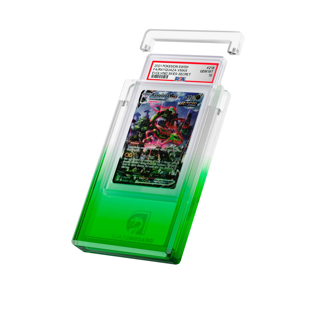 Trading card in a green protective case with a white background