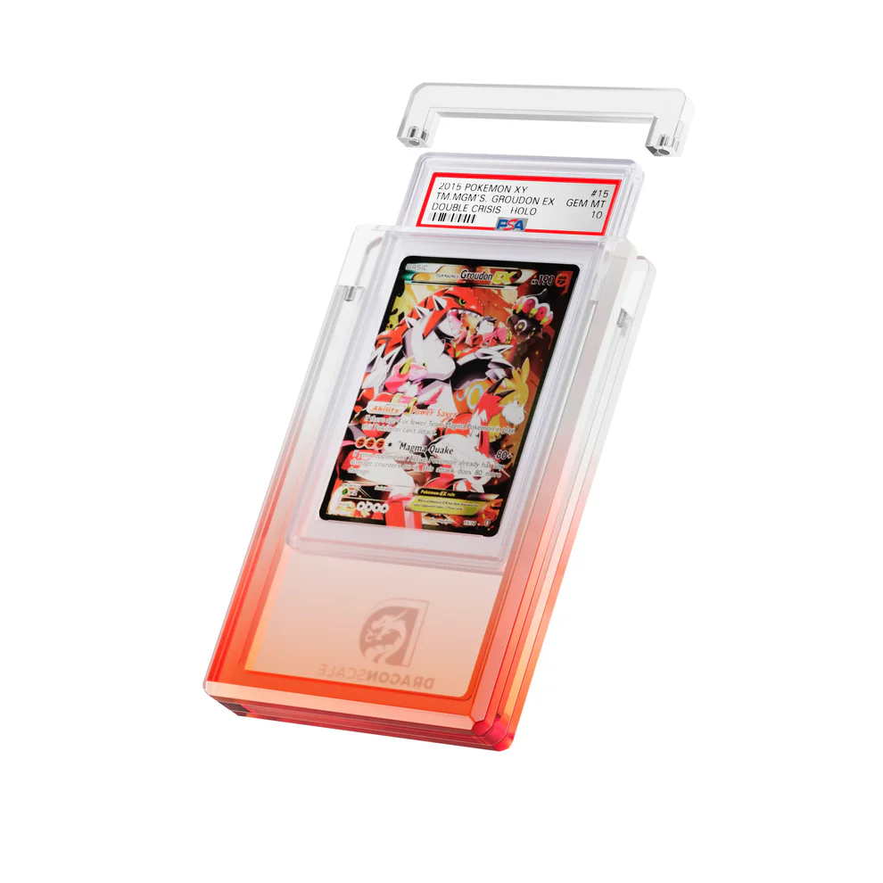 Trading card in a protective case on a white background
