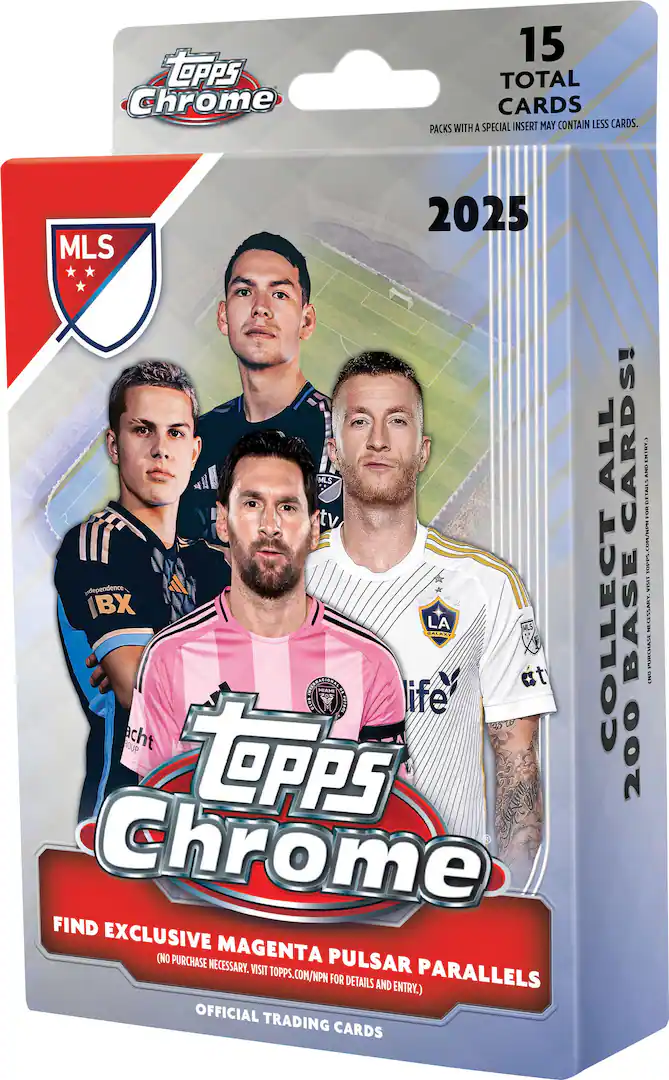 Topps Chrome MLS trading card pack with four soccer players on the front