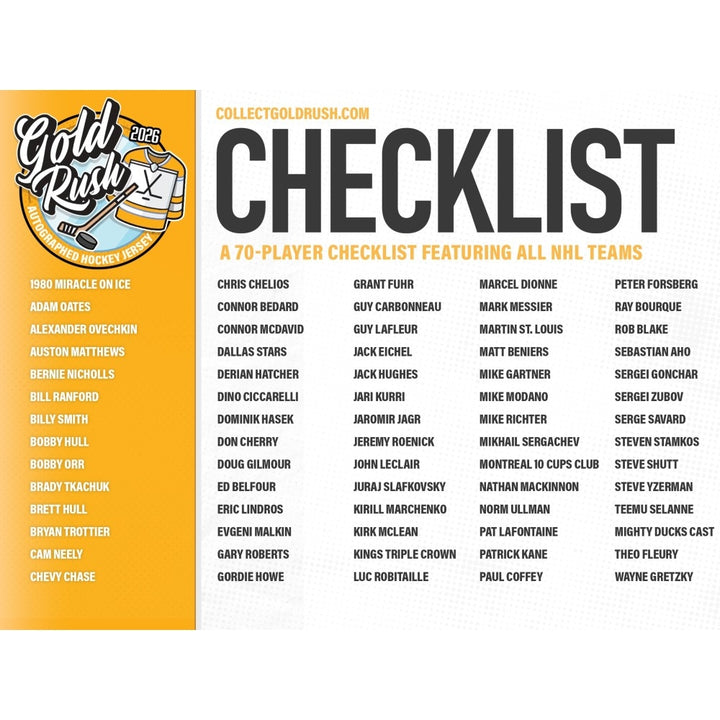 A digital checklist graphic for 'Gold Rush X' NHL trivia, featuring a yellow and white design with a list of 70 NHL team players. The left side has a yellow vertical banner with the 'Gold Rush X' logo and team list, while the right side has the title 'CHECKLIST' and the full list of player names under the heading 'A 70-PLAYER CHECKLIST FEATURING ALL NHL TEAMS'.