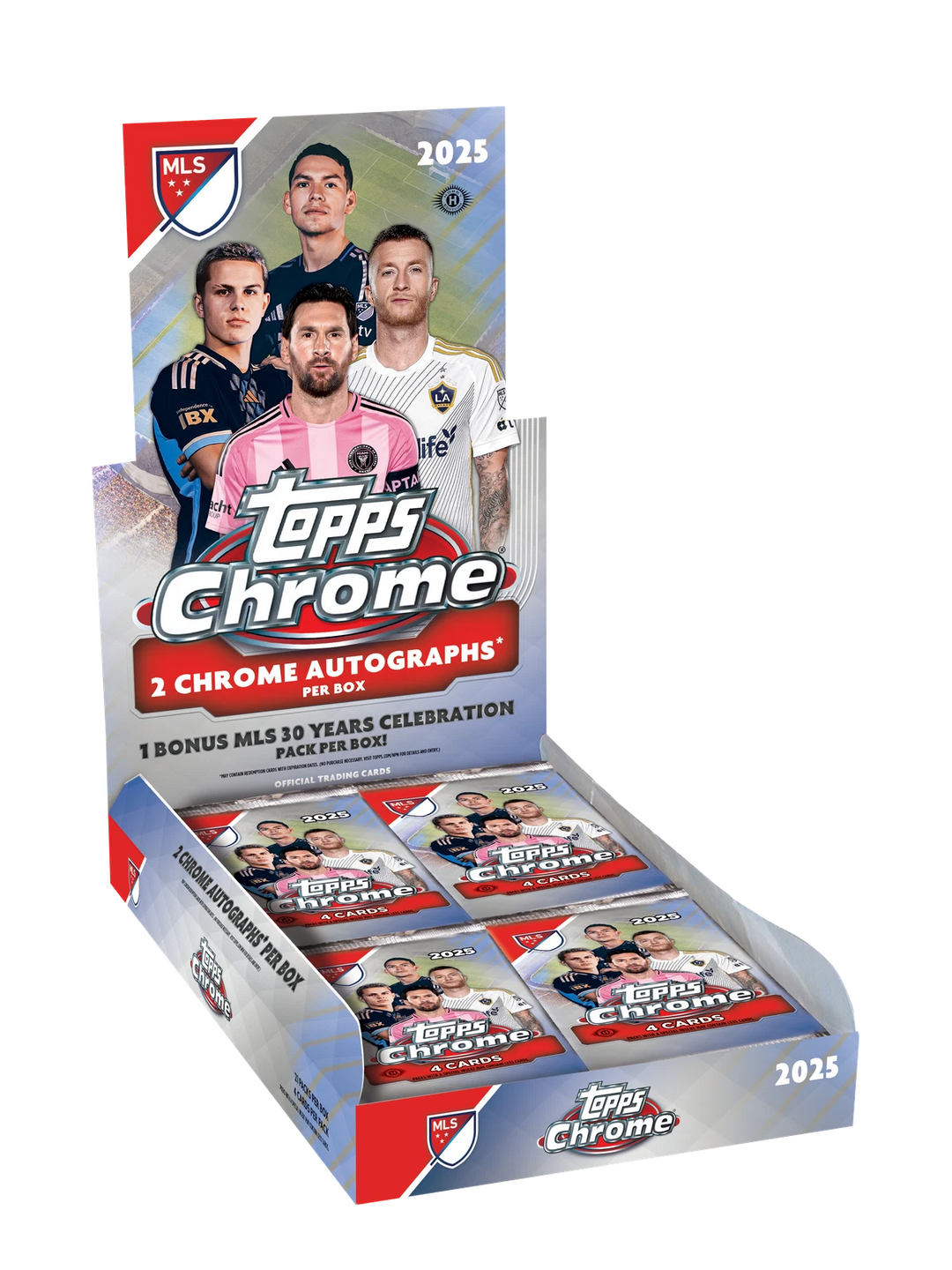 Topps Chrome MLS trading card pack with player images on a white background