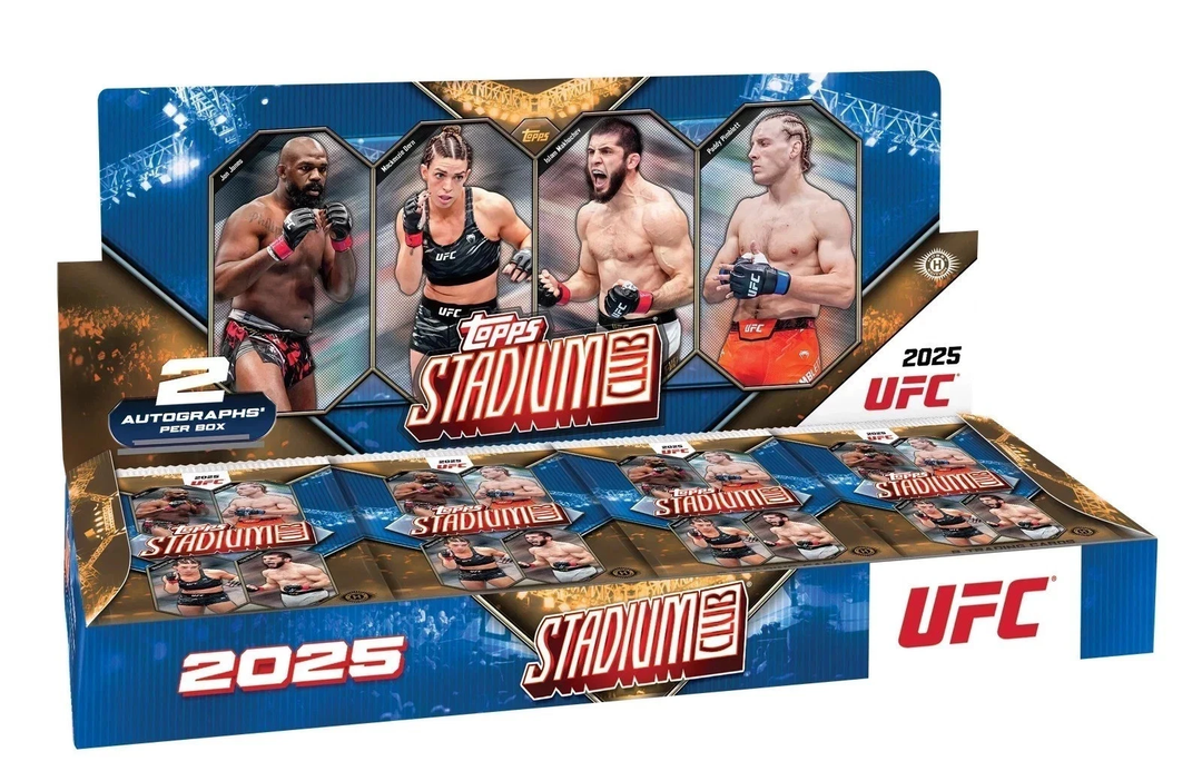 UFC 2025 Stadium Club trading card box with four athletes on the front