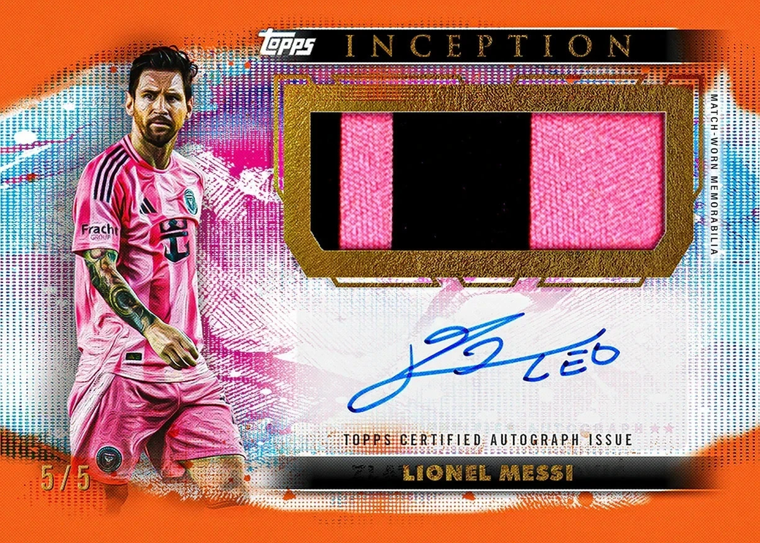Soccer player card with autograph and 'Inception' design elements, featuring Lionel Messi.