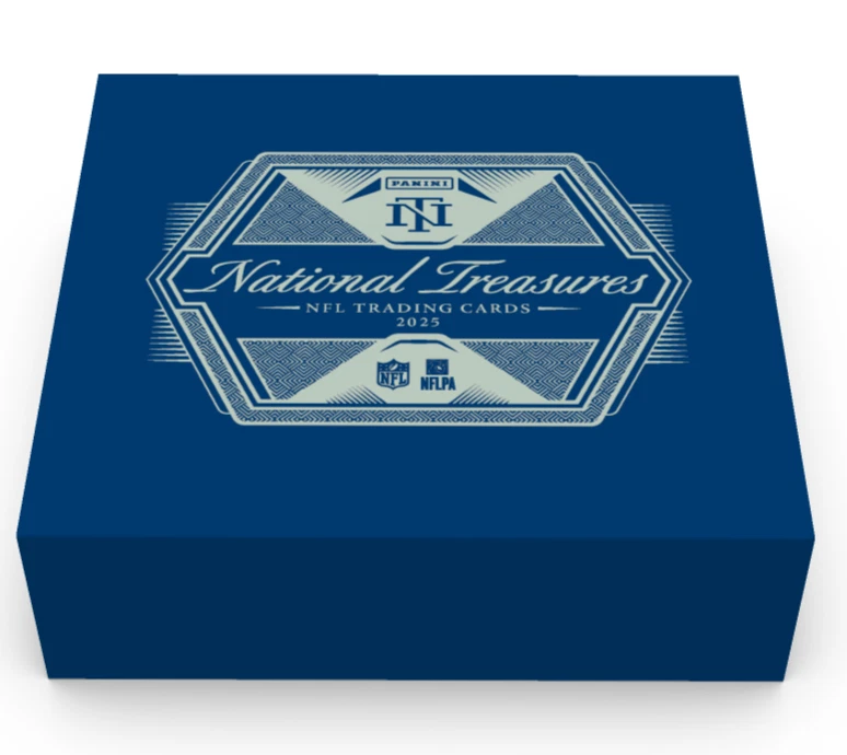 Blue box with 'National Treasures NFL Trading Cards' branding on a white background