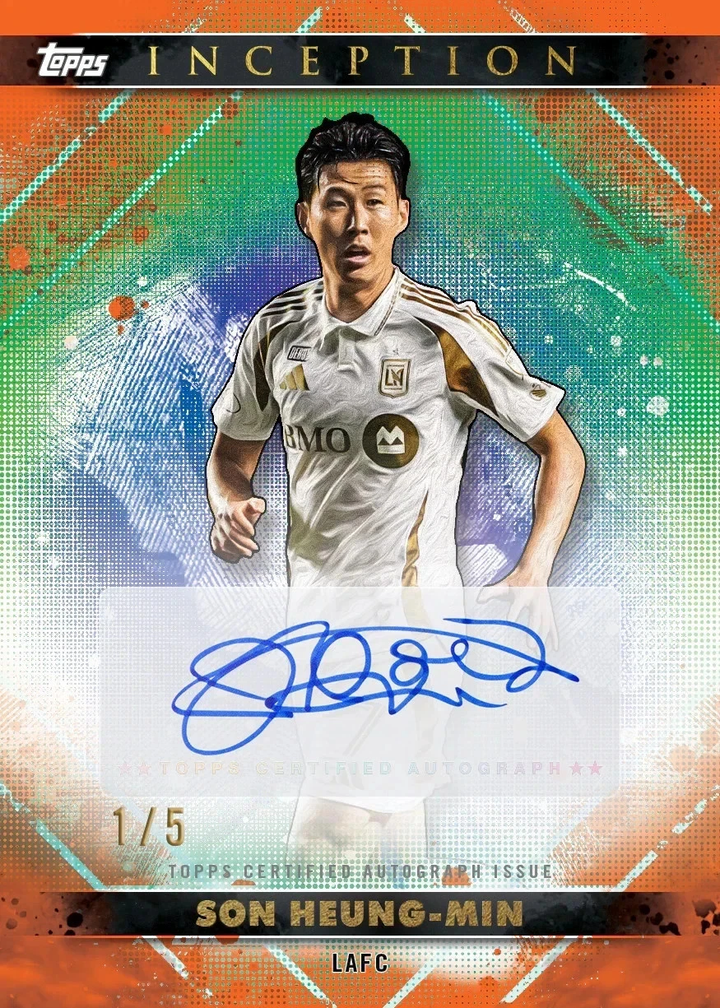Soccer player card featuring Son Heung-min with a colorful background and Topps Inception branding.