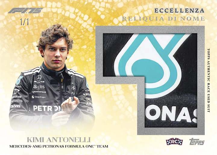 F1 driver Kimi Antonelli with a collectible card featuring a logo and text on a yellow background
