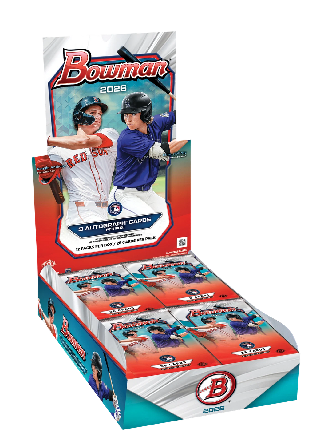 Box of Bowman 2026 baseball trading cards with two players on the front
