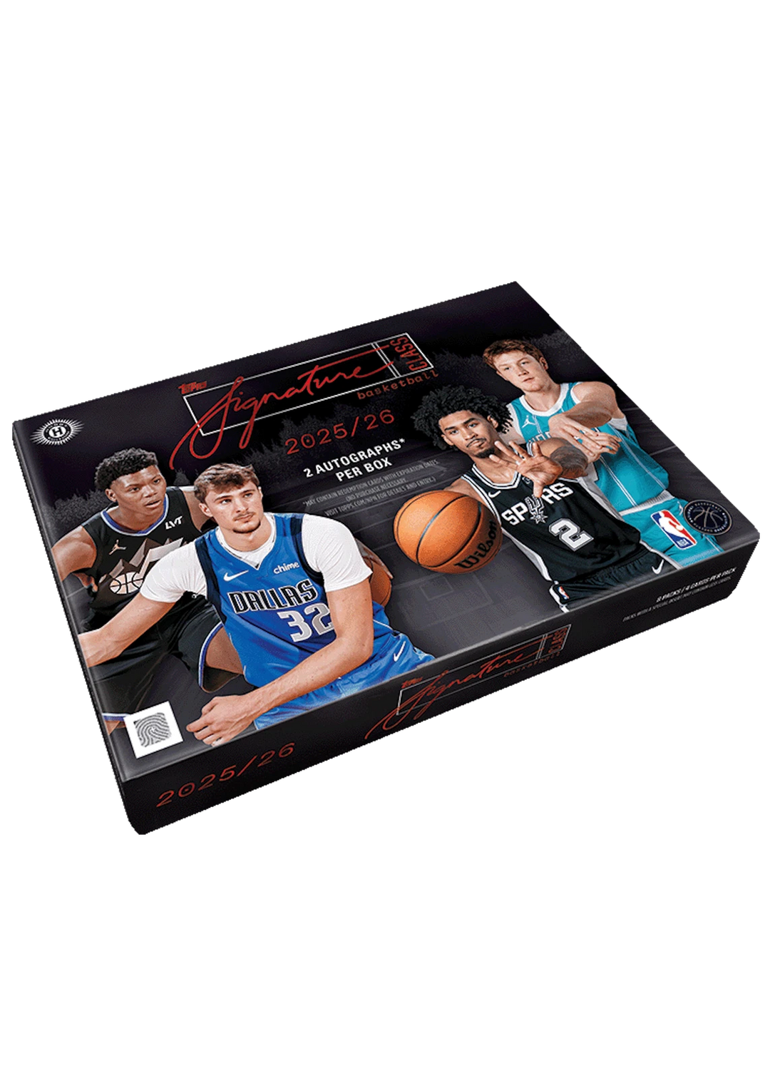 Basketball trading card box featuring images of players and a basketball on a white background
