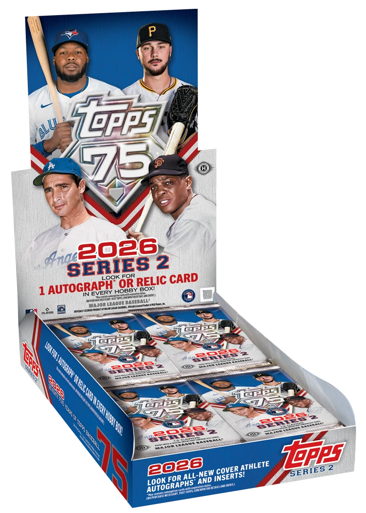 Topps 2026 Series 2 trading card packaging with baseball players on a white background