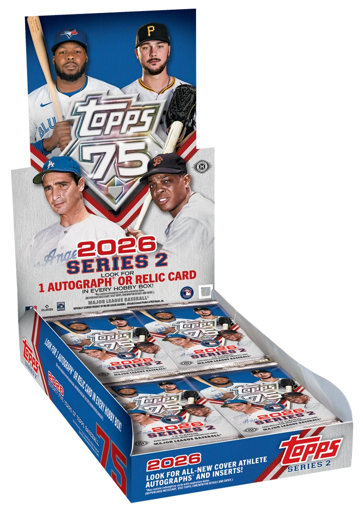 Topps 2026 Series 2 trading card packaging with baseball players on a white background