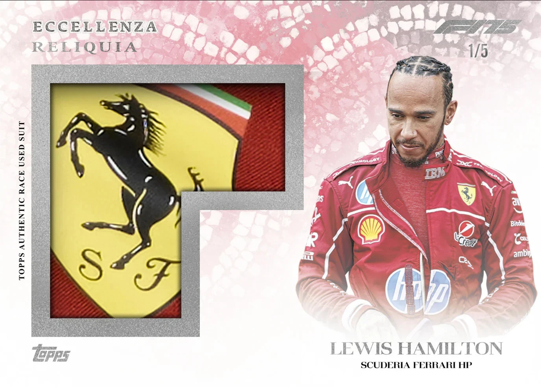 Trading card featuring a Ferrari logo and a person in a red racing suit with sponsor logos.