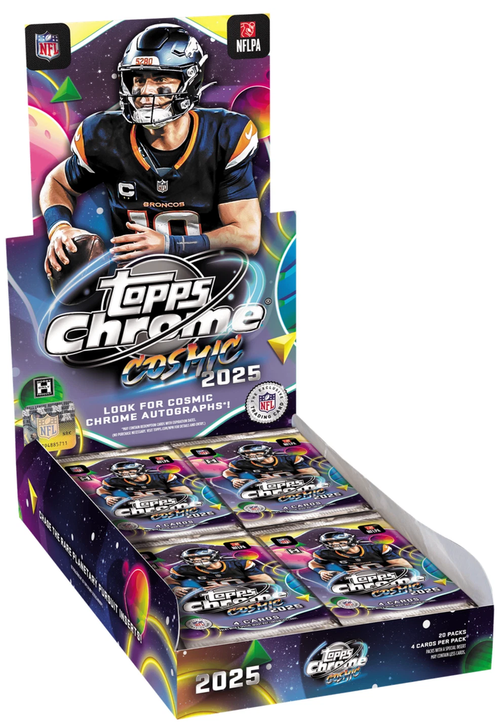 A box of 2025 Topps Cosmic Chrome Football Cards on a white background.