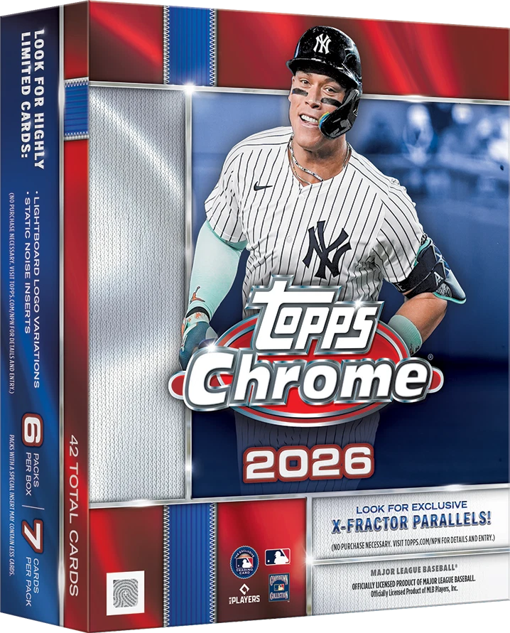 A promotional image of a 2026 Topps Chrome Baseball Mega Box