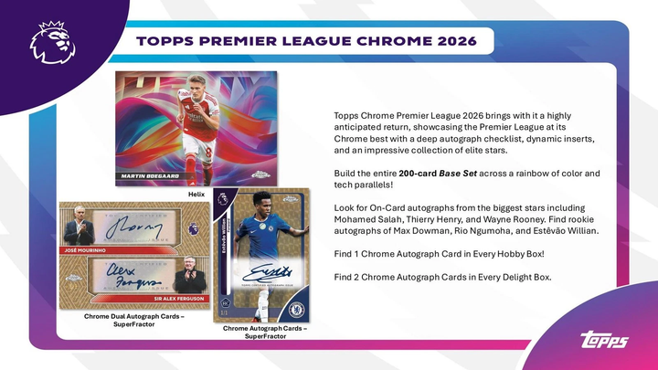 Topps Premier League 2026 trading card pack with images of cards and text about the product.