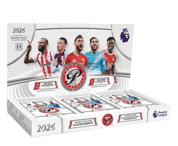 A 2026 Premier League football trading card booster box display containing multiple packs, featuring player photos of Manchester City and Manchester United football stars on the front.
