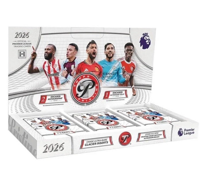A 2026 Premier League football trading card booster box display containing multiple packs, featuring player photos of Manchester City and Manchester United football stars on the front.
