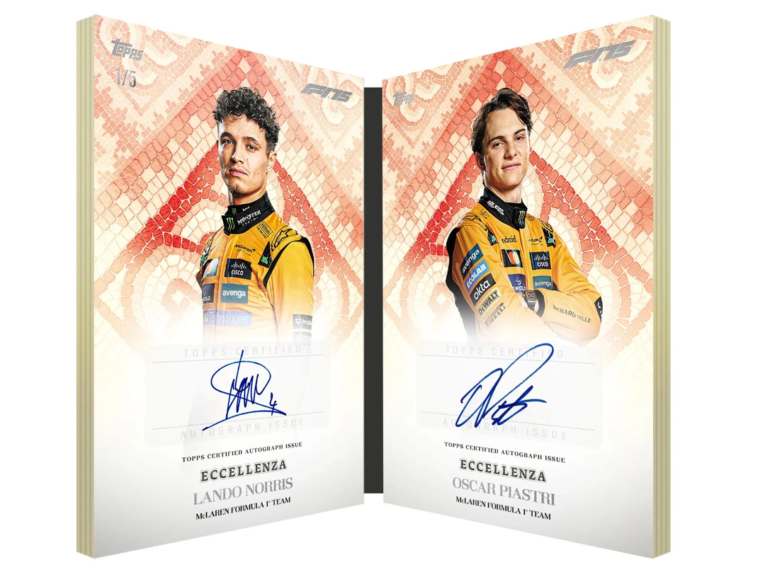 Two racing-themed cards with signatures on a white background