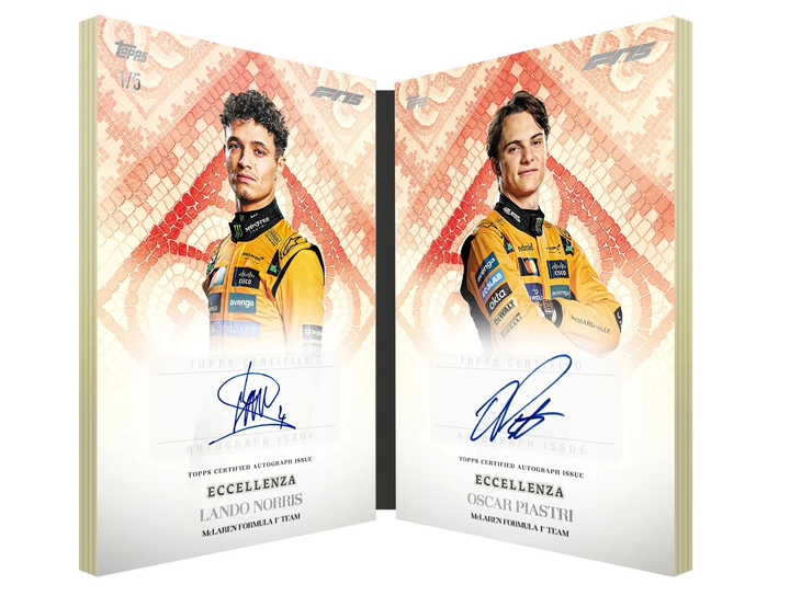 Two racing-themed cards with signatures on a white background