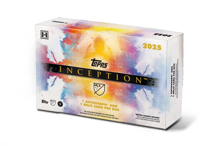 Image shows a white 2025 Topps Inception MLS Soccer Hobby Box with colorful yellow, blue, purple, and pink colorful designs.