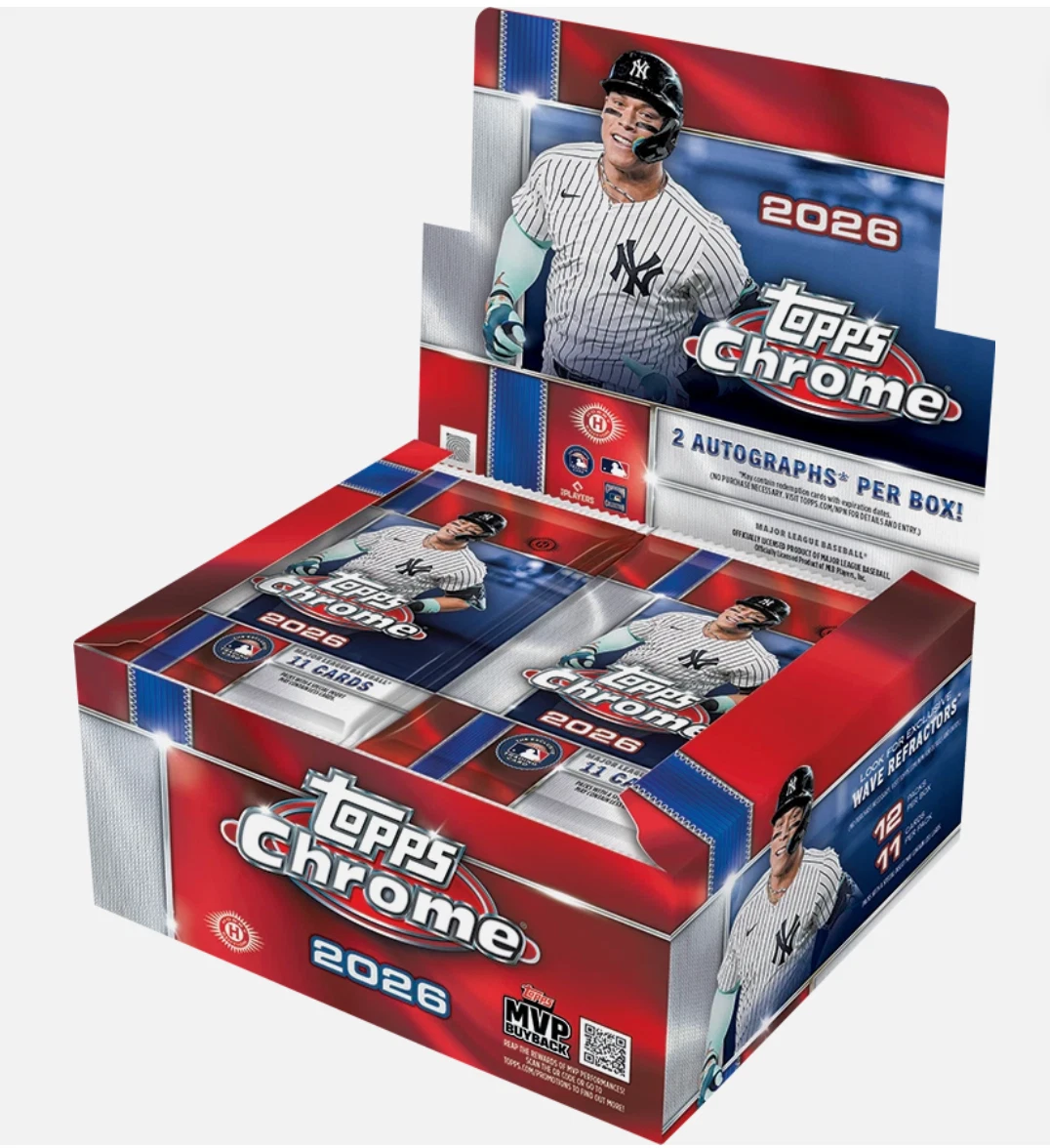 Topps Chrome 2026 baseball trading card display box featuring New York Yankees player images and branding on a light gray background.