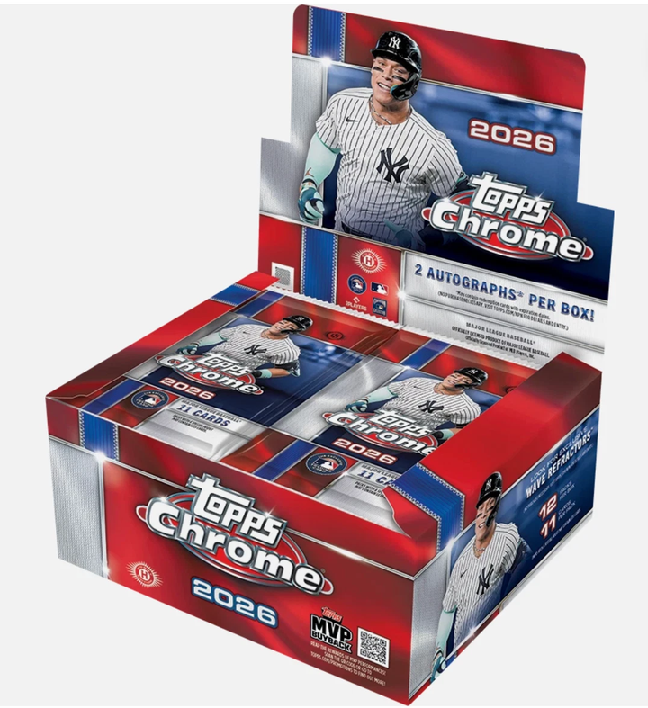 Topps Chrome 2026 baseball trading card display box featuring New York Yankees player images and branding on a light gray background.