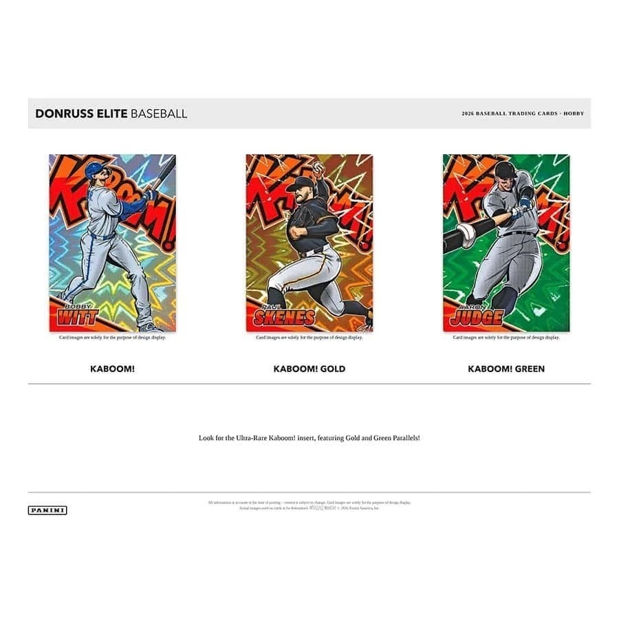 Panini Donruss Elite Baseball 2024 Topps trading card insert set preview showing three card designs: Karbomi Gold and Karbomi Green, with a third card partially visible on the left.