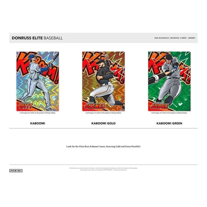 Panini Donruss Elite Baseball 2024 Topps trading card insert set preview showing three card designs: Karbomi Gold and Karbomi Green, with a third card partially visible on the left.