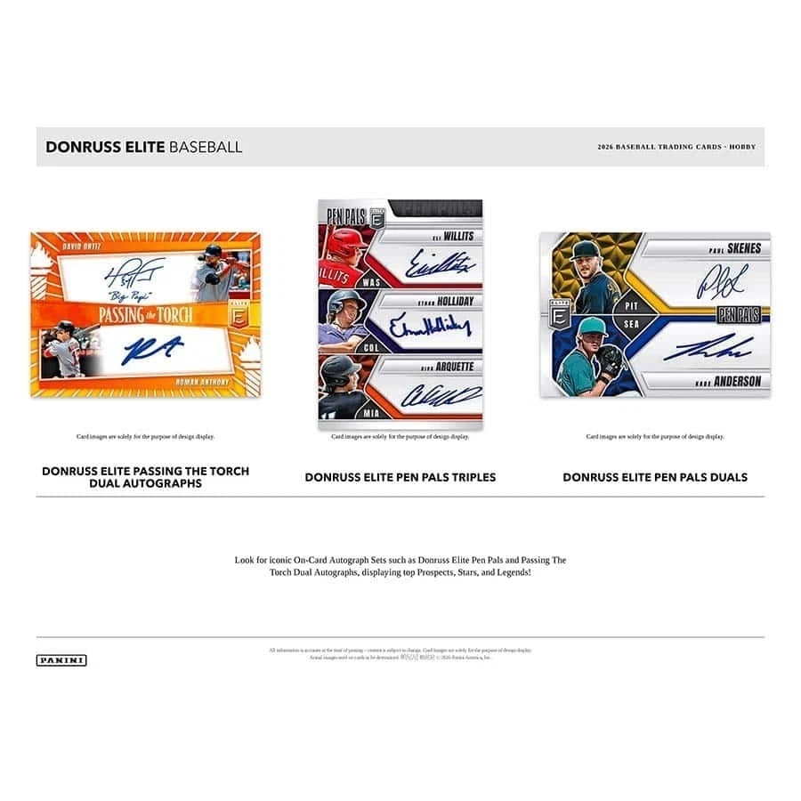 Panini Donruss Elite Baseball 2024 Baseball Trading Cards - Mookie box contents preview showing three sample trading cards: a double autograph card, a pen-pals triple autograph card, and a pen-pals dual autograph card.